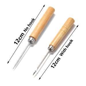 Alternative view of Wooden-handled awl for threading needles; solid wood awl for positioning; hooked drill bit for hand needle threading.
